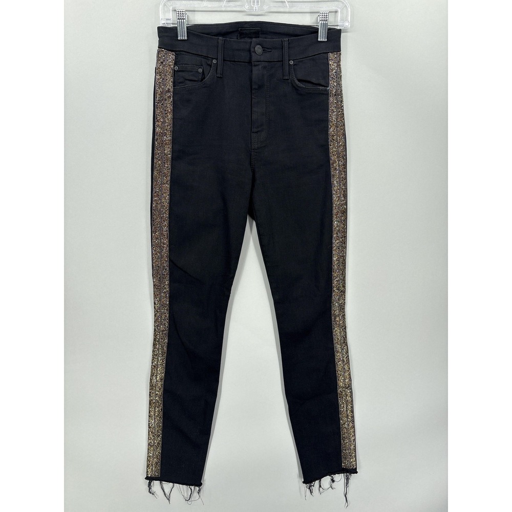 Mother Jeans Womens 26 Black High Waisted Looker Ankle Fray Guilty Flash Beaded